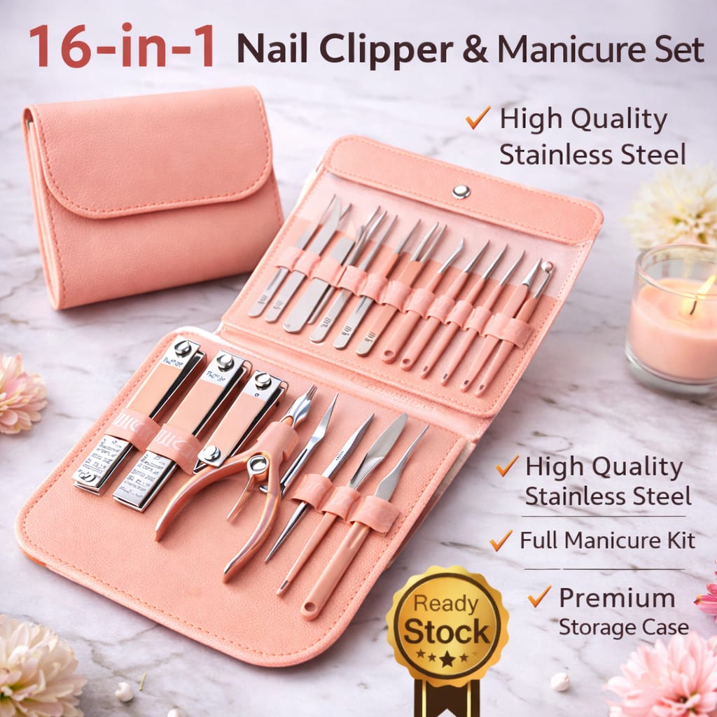 16-in-1 Nail Clipper & Manicure Set – Stainless Steel Grooming Kit with Premium Case | Multi Colors Available