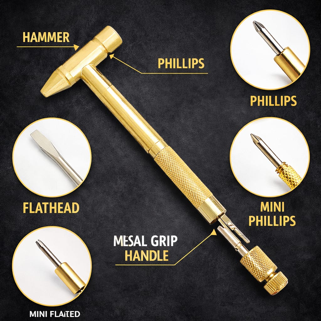 5-in-1 Mini Hammer Multi Tool – Brass Pocket Screwdriver & Emergency Repair Kit | Flathead + Phillips + Mini Bits