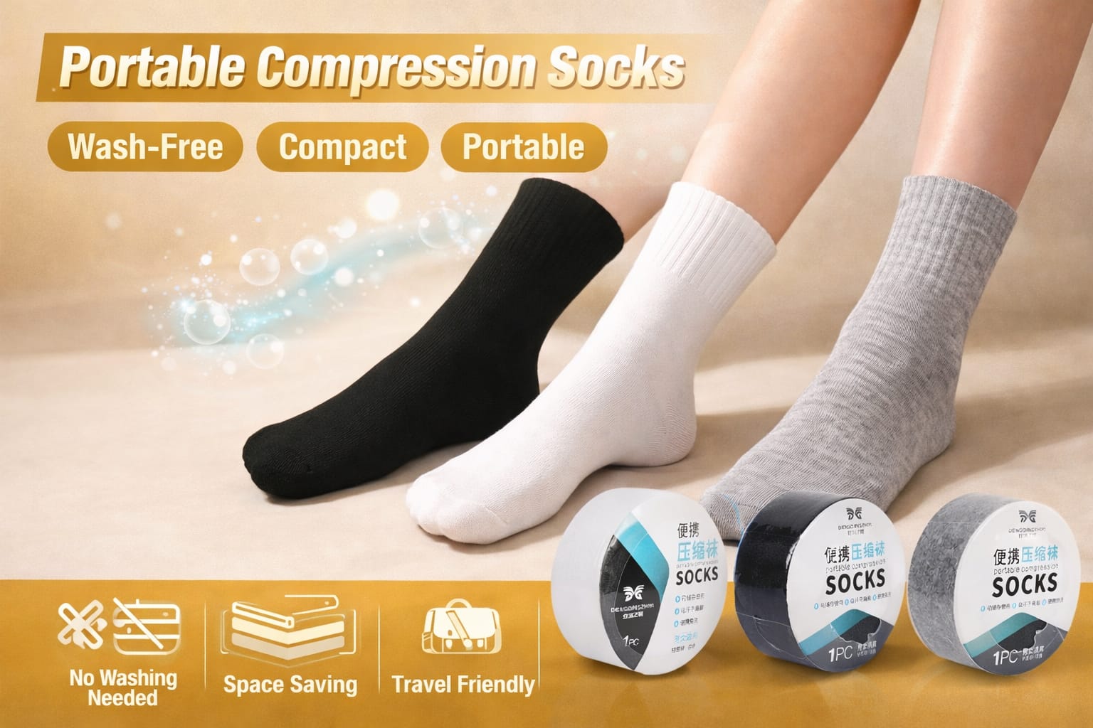 Portable Compression Socks Pack of 2 – Wash-Free Travel Socks | Compact Roll Design | Breathable & Comfortable
