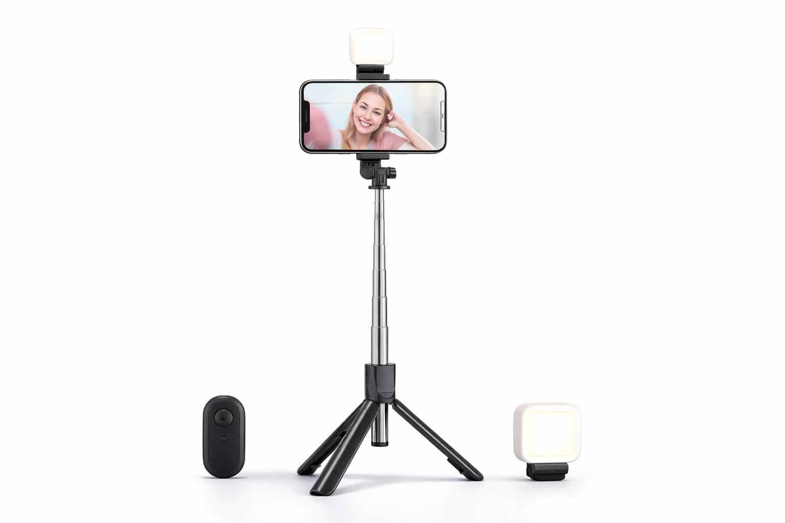 R1S Selfie Stick Tripod with Mini LED Light – Extendable Bluetooth Selfie Stick Stand for TikTok, Vlogging & Live Streaming