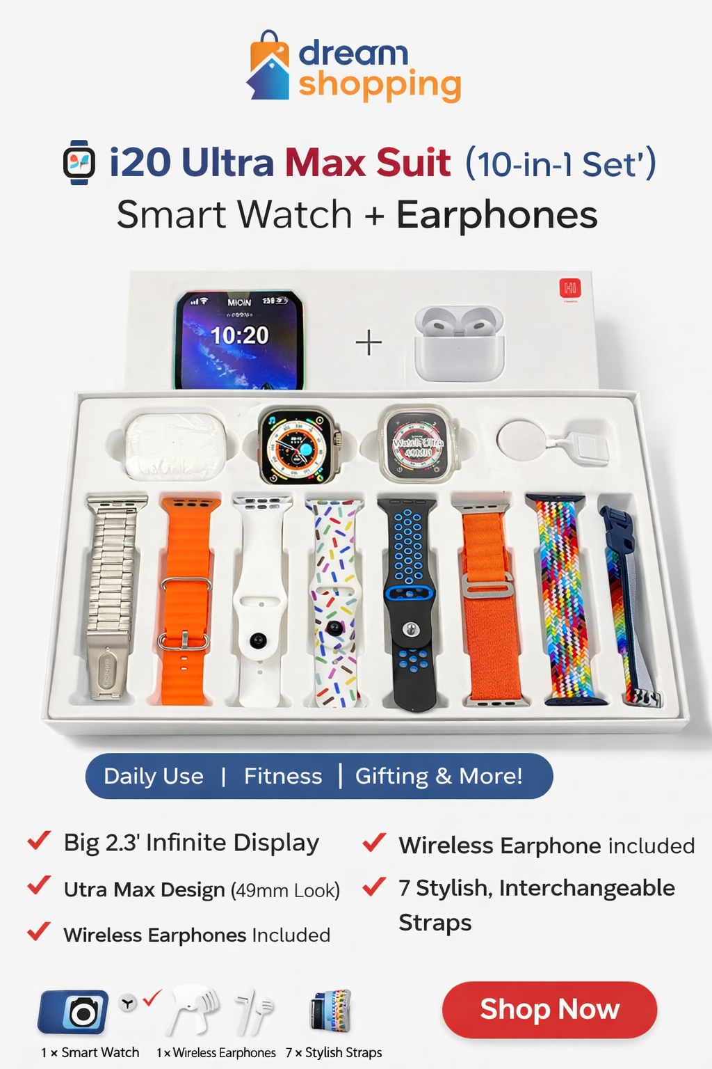 i20 Ultra Max Smart Watch 10-in-1 Set with Wireless Earphones & 7 Straps