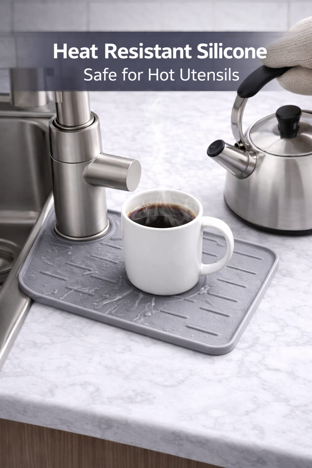 Silicone Kitchen Faucet Splash Guard Mat – Fast Drain Drying Pad | Heat Resistant Sink Protector