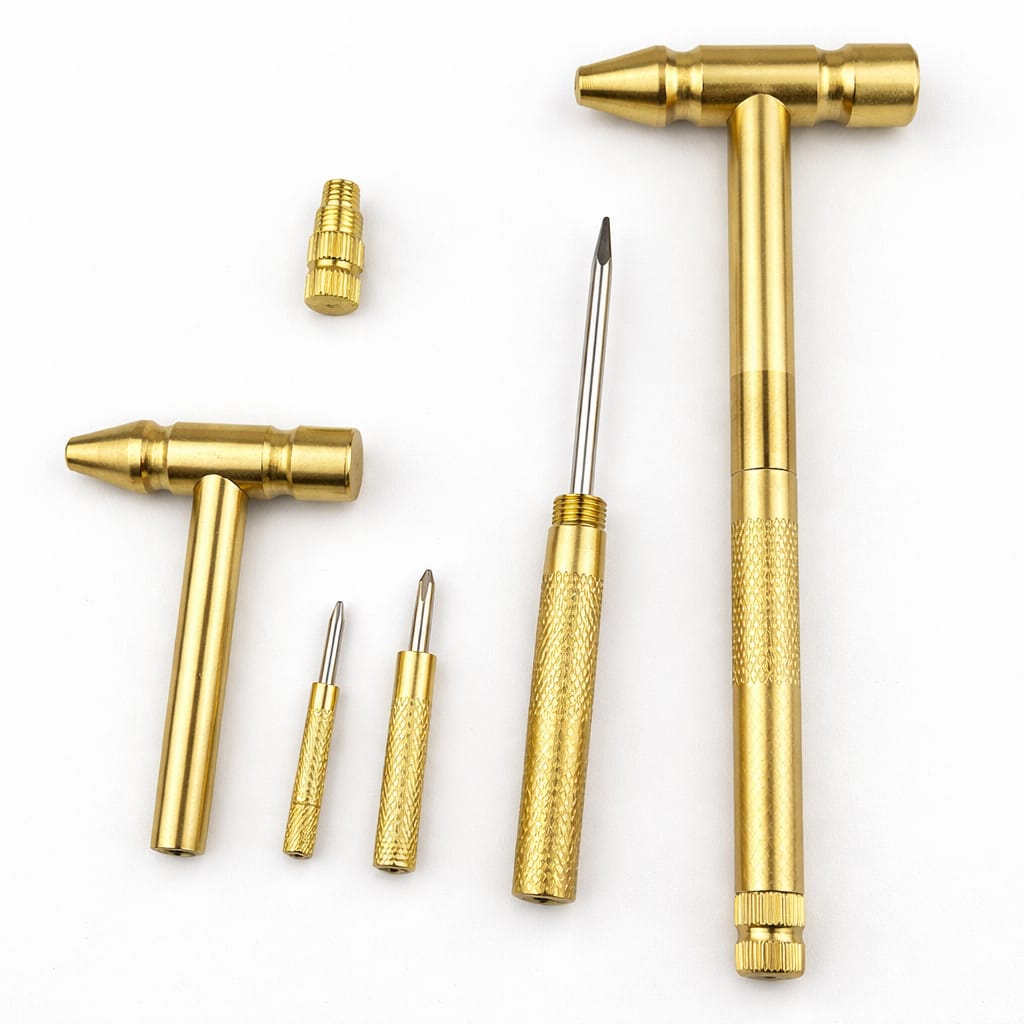 5-in-1 Mini Hammer Multi Tool – Brass Pocket Screwdriver & Emergency Repair Kit | Flathead + Phillips + Mini Bits