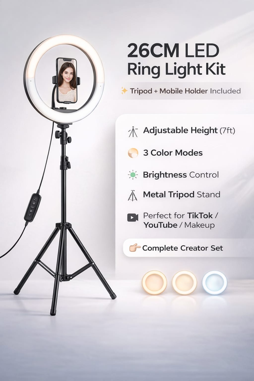 26CM LED Ring Light with Tripod Stand & Mobile Holder – 7ft Adjustable Selfie Light for TikTok, YouTube & Makeup