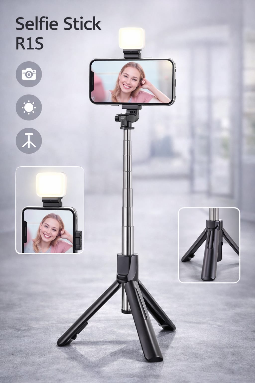 R1S Selfie Stick Tripod with Mini LED Light – Extendable Bluetooth Selfie Stick Stand for TikTok, Vlogging & Live Streaming