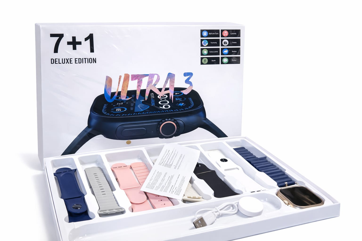 Ultra 3 Smart Watch 7+1 Deluxe Edition – Bluetooth Calling, Fitness Tracker, Heart Rate Monitor with 7 Straps Combo