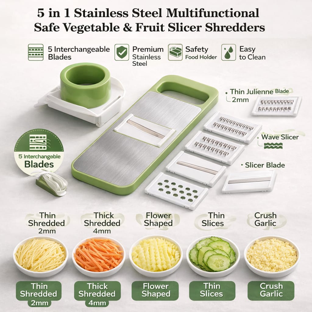 5-in-1 Stainless Steel Vegetable & Fruit Cutter | Multifunction Slicer Shredder Grater Set with Safety Holder