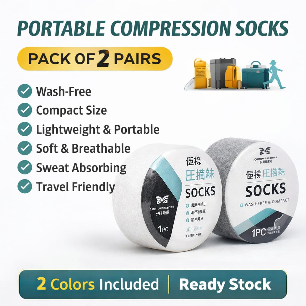 Portable Compression Socks Pack of 2 – Wash-Free Travel Socks | Compact Roll Design | Breathable & Comfortable