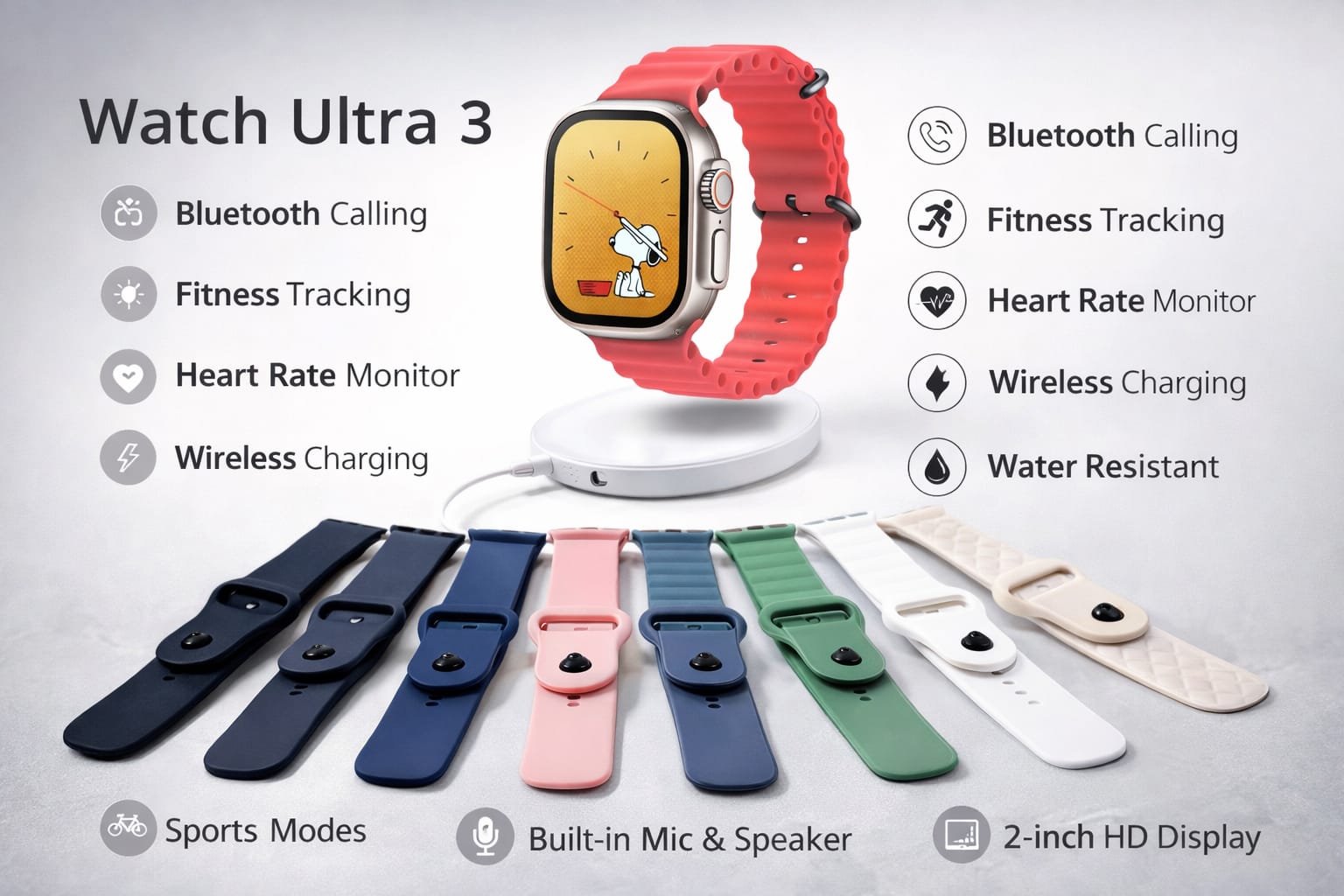 Ultra 3 Smart Watch 7+1 Deluxe Edition – Bluetooth Calling, Fitness Tracker, Heart Rate Monitor with 7 Straps Combo