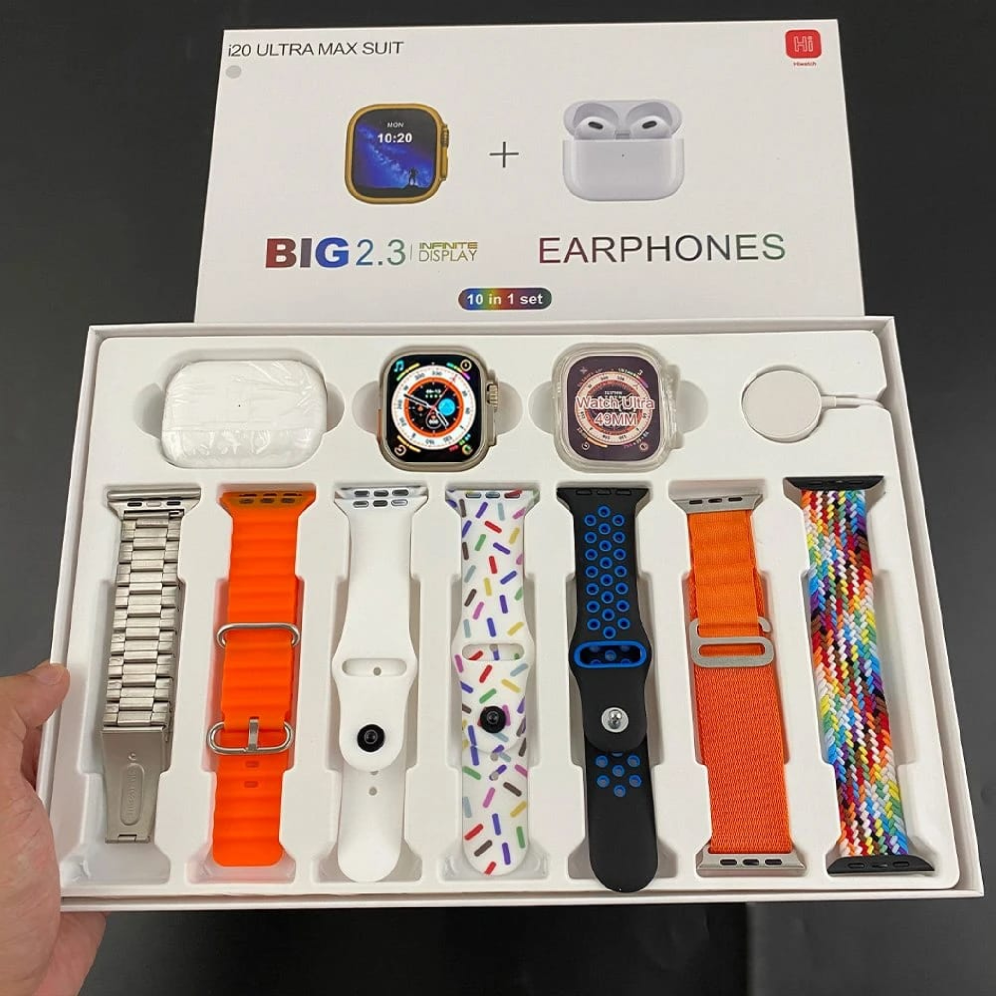 i20 Ultra Max Smart Watch 10-in-1 Set with Wireless Earphones & 7 Straps