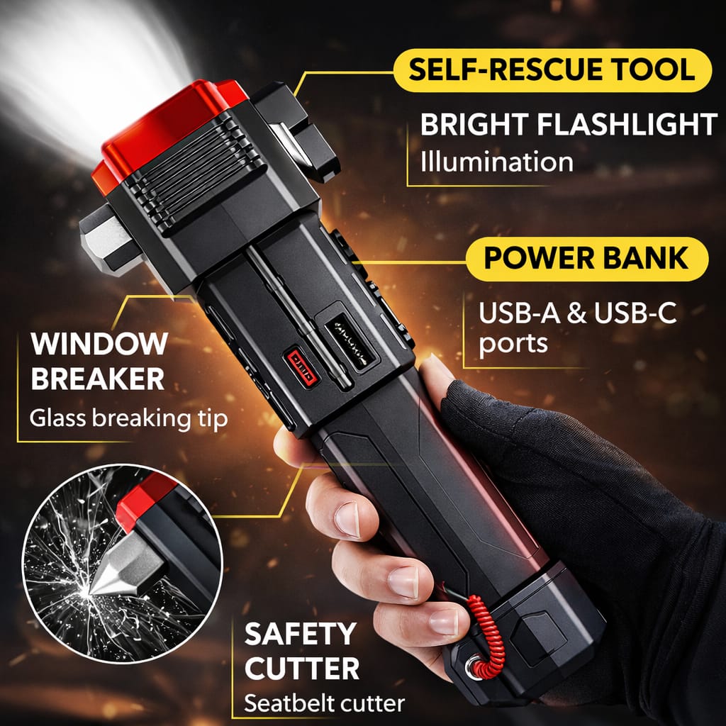 4-in-1 Emergency Hammer Torch | LED Flashlight + Window Breaker + Seatbelt Cutter + Power Bank Safety Tool
