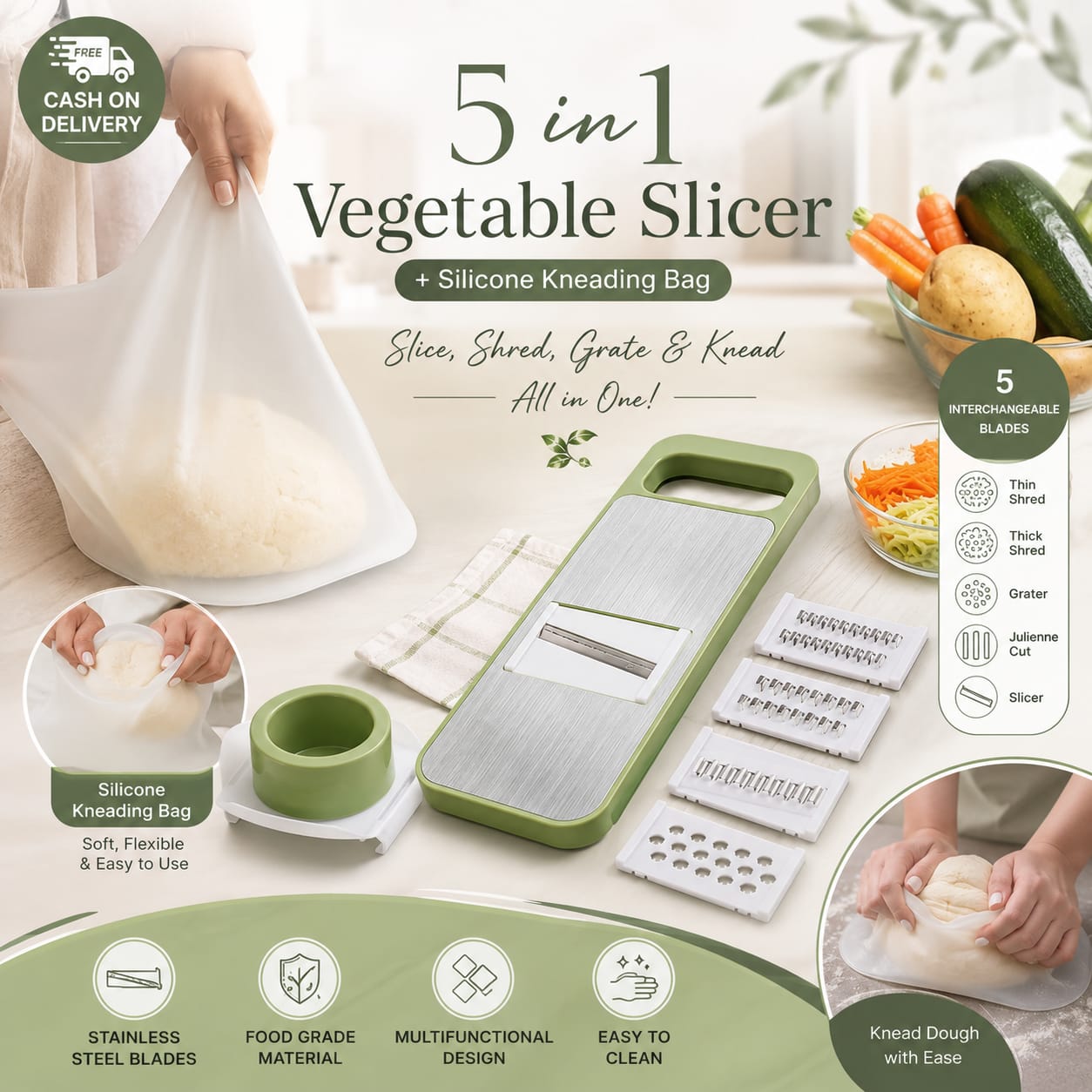 Buy 5 In 1 Vegetable Slicer + Silicone Kneading Bag Online in Pakistan | Free Delivery